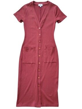 SOCIALITE Women's Ribbed Knit Midi Shirtdress Red Terracotta Size XS